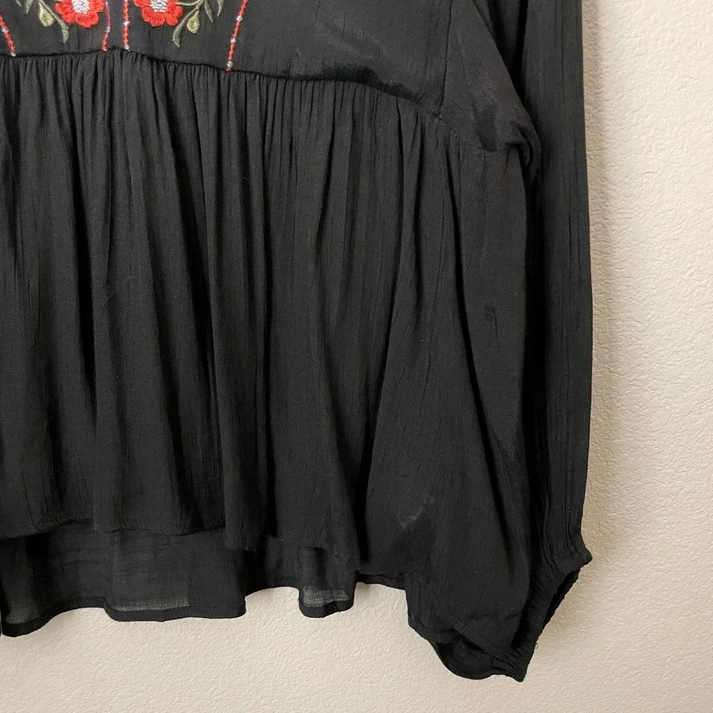 Umgee Top Womens 1XL Black Floral Embroidered Babydoll Blouse Boho Cottagecore - Picture 6 of 12